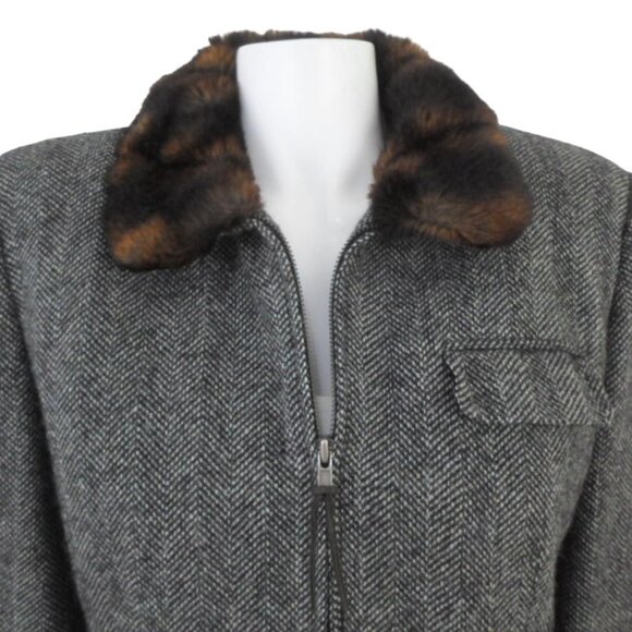 Vintage Ralph Lauren LRL Black Tweed Silk Wool Faux Fur Collar Zip Jacket sz 8 - Picture 3 of 10